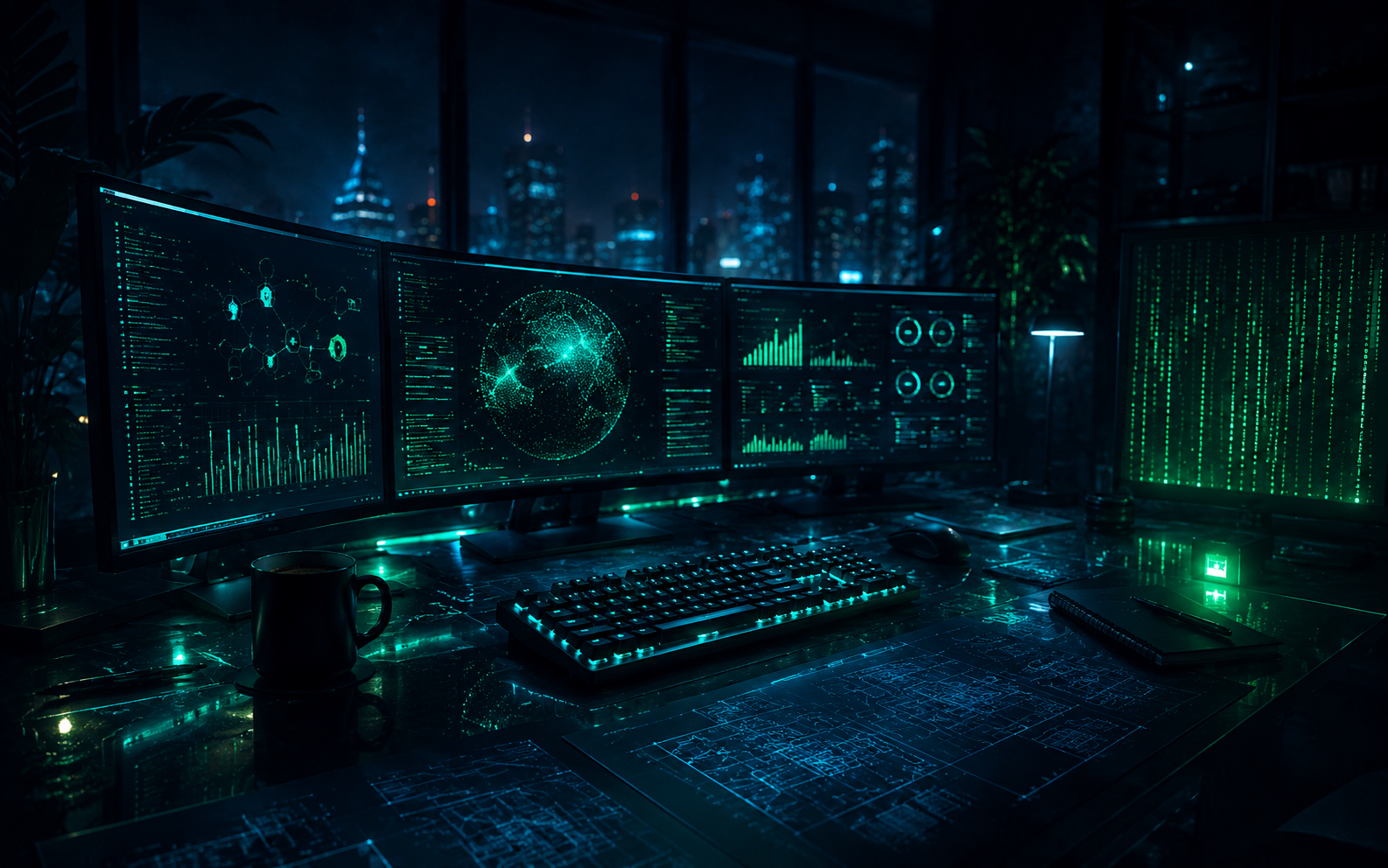 Premium analytics workstation at night: triple monitors displaying data visualizations and dashboards in matrix-green, city lights through the window — the practitioner's command centre.