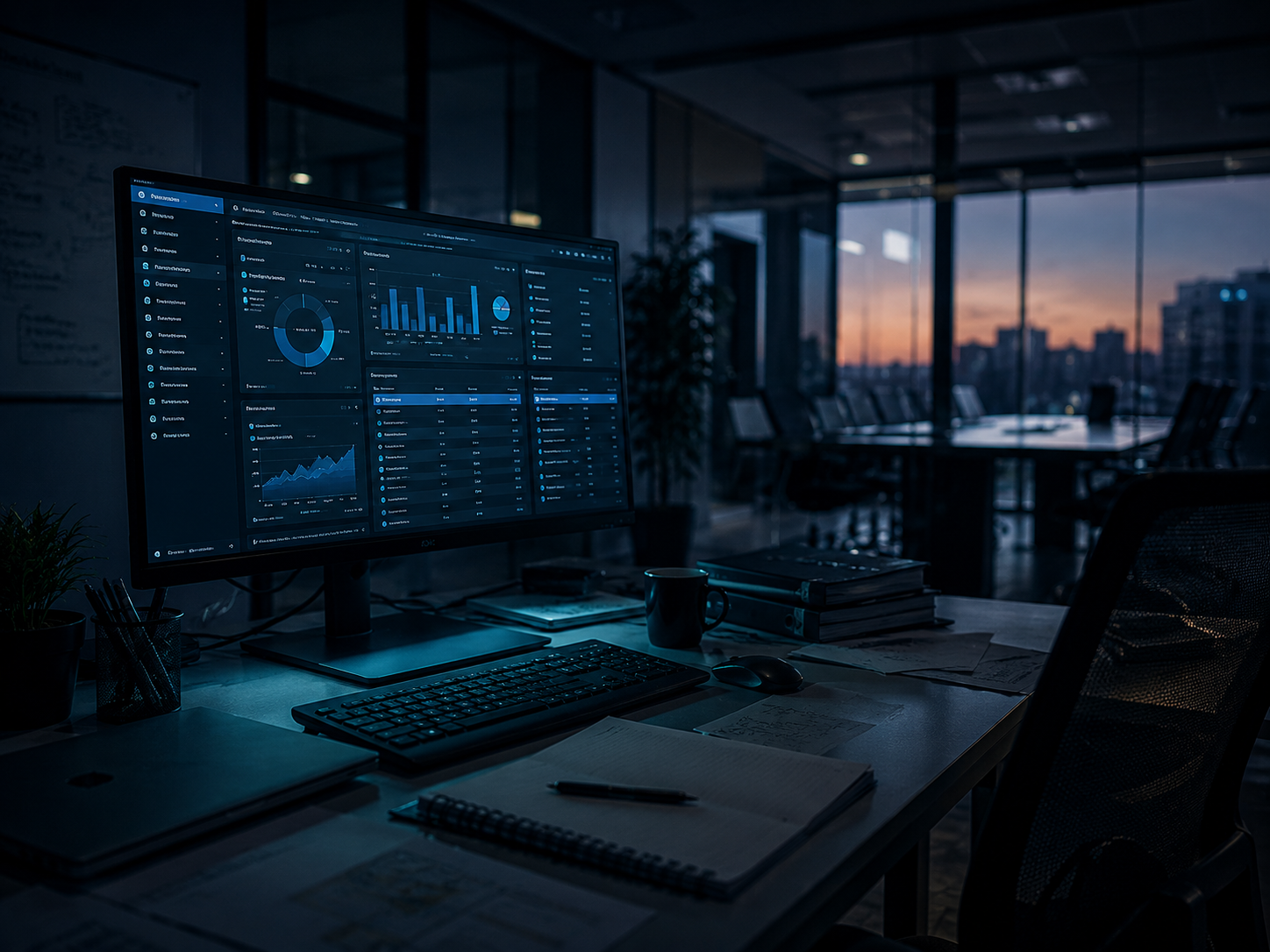 Healthcare analytics workstation at dusk: clean office desk with a monitor showing a multi-site BI dashboard — KPIs, charts, and operational data in a professional clinical environment.