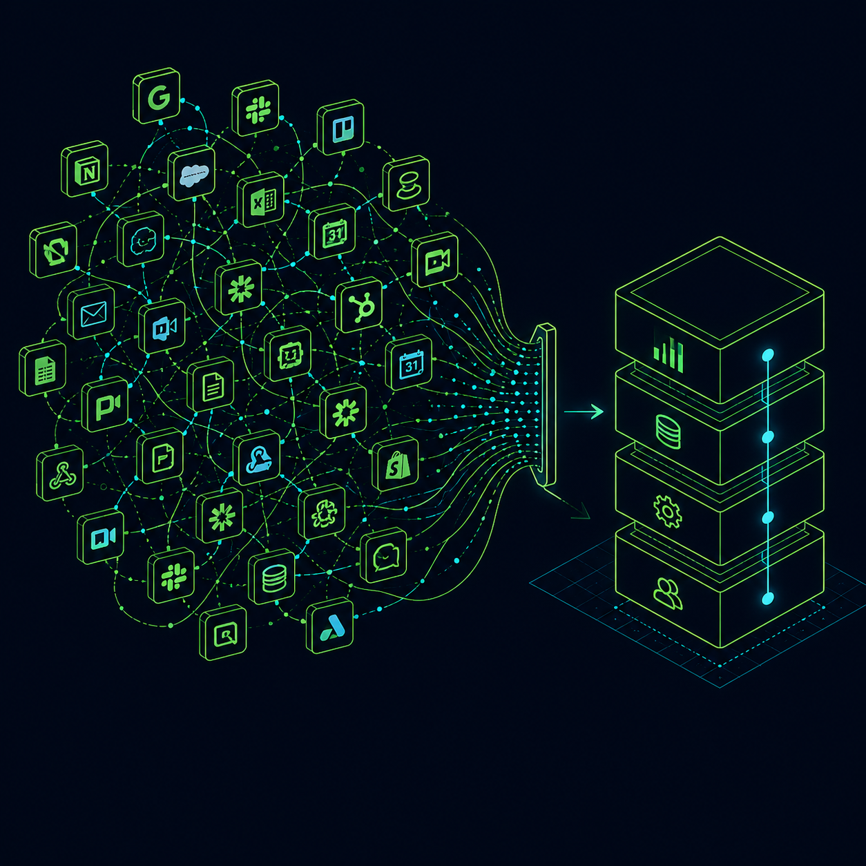 Data integration schematic: dozens of scattered ERP and app icons converging through connectors into a unified data hub — the many-sources-one-truth pattern BiWize solves for manufacturers.