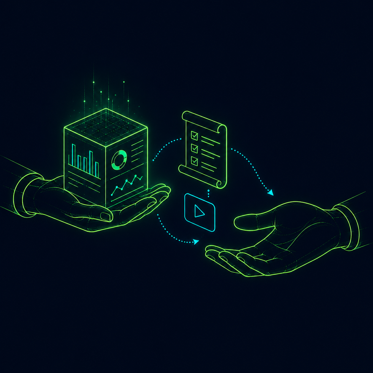 Two hands rendered in matrix-green linework: one offering a data cube with embedded dashboards, the other receiving a checklist scroll and a play-button (video training).