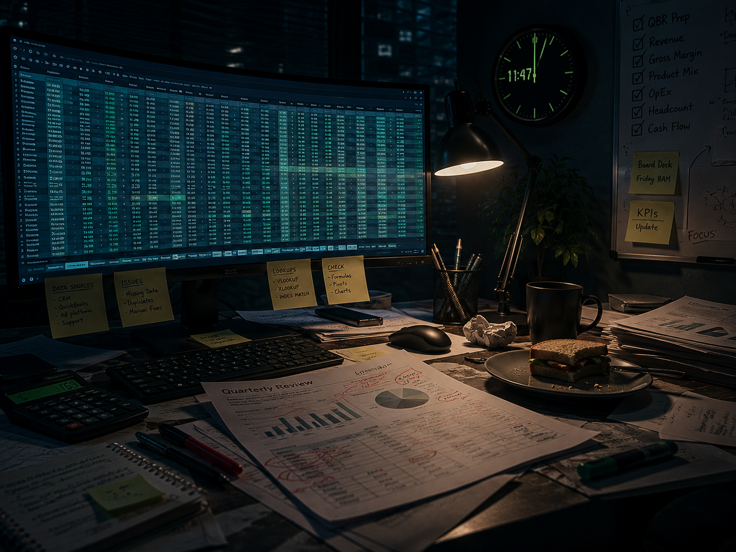 Late-night office desk: oversized spreadsheet on a curved monitor, sticky notes, half-eaten sandwich, quarterly review printout with red pen marks, clock showing 11:47.