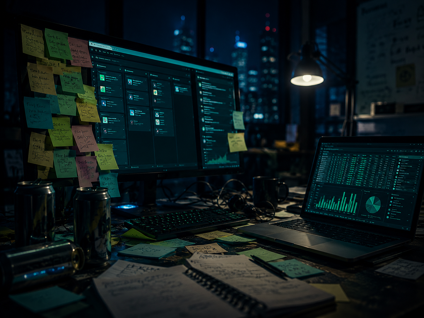 Startup desk at night: monitor covered in sticky notes, laptop running a dashboard, energy drinks, scattered handwritten notes — the cluttered reality of an early-stage SaaS founder.
